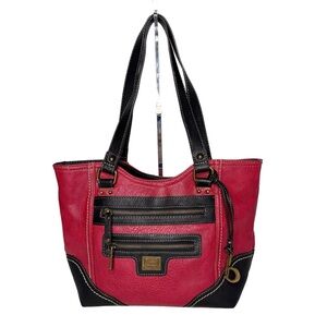 BOC VEGAN LEATHER DARK RED AND BLACK TRIM TOTE SHOULDER BAG